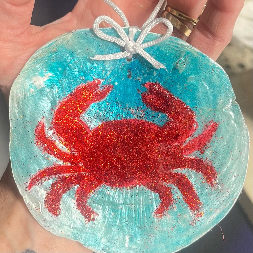 Festive Capiz Shell Ornament • Red Glitter Crab •Resin Coated • Christmas Decor